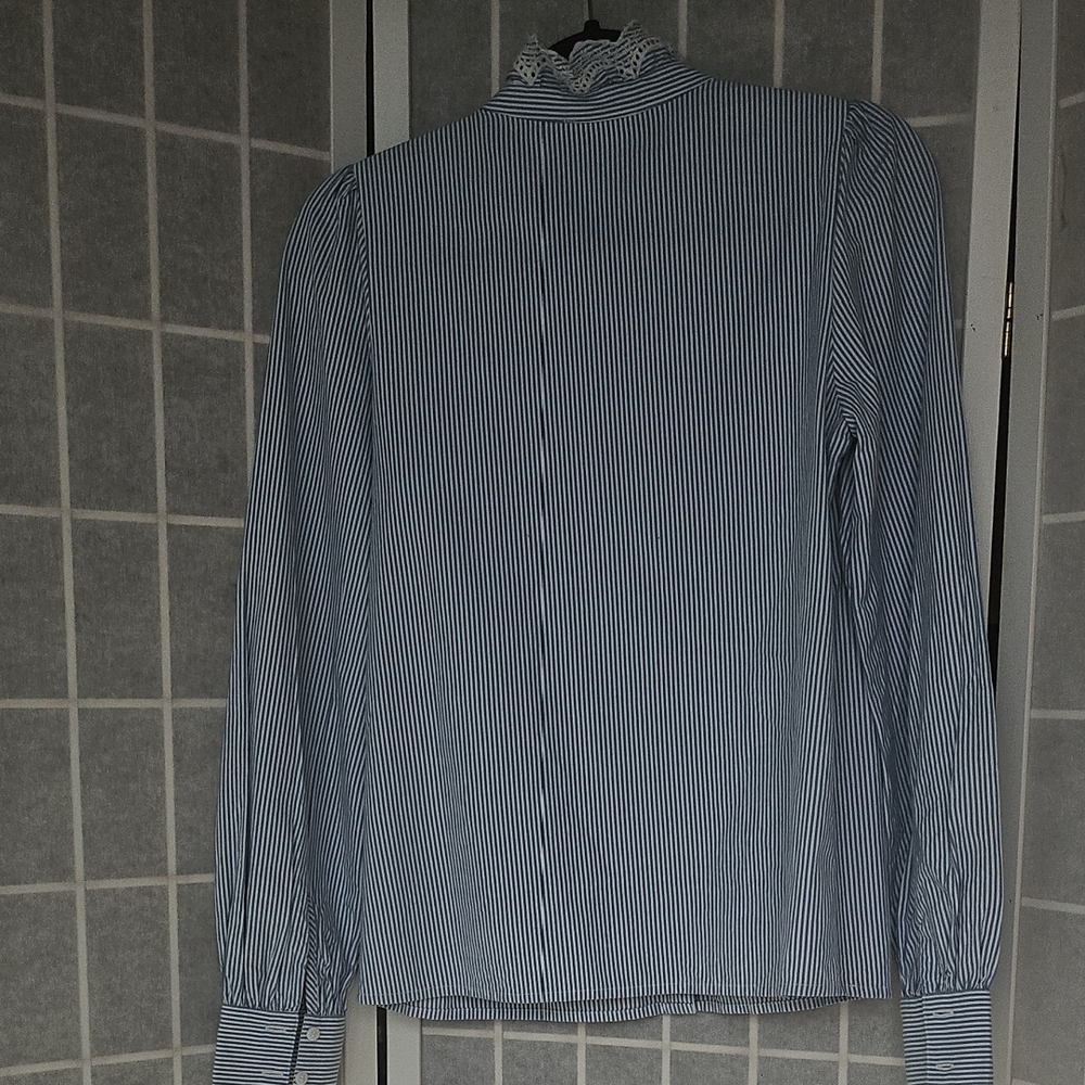 Navy Striped Women's Blouse with Ruffle Detail - Picture 3 of 11